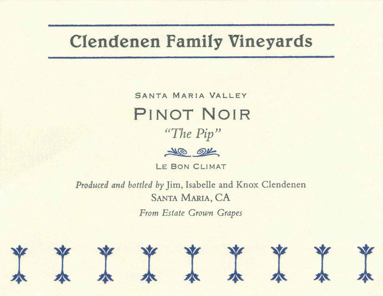 Clendenen Family Vineyards Pinot Noir ''The Pip'' Le Bon Climat 2011