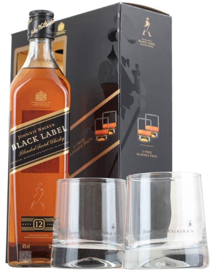 Johnnie Walker Black Label Blended Scotch Whisky Gift set with Two Glasses 12 year old