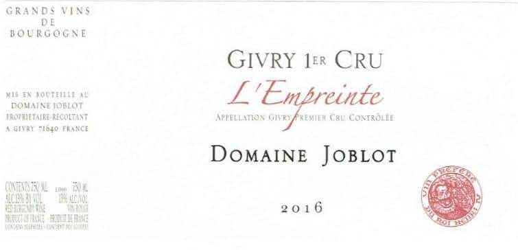 Domaine Joblot JOBLOT GIVRY ROUGE L'EMPREINTE 2016