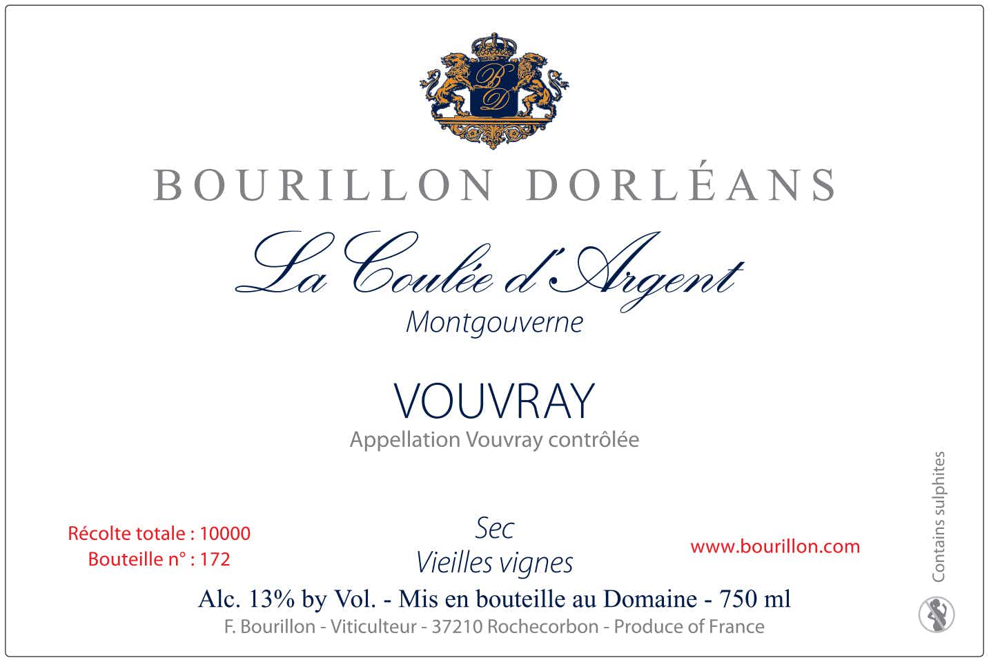 Domaine Bourillon-Dorleans Vouvray Sec Vieilles Vignes La Coulee d'Argent 2015