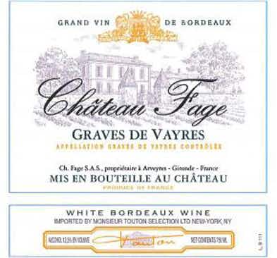 Chateau Fage Graves de Vayres Blanc 2017